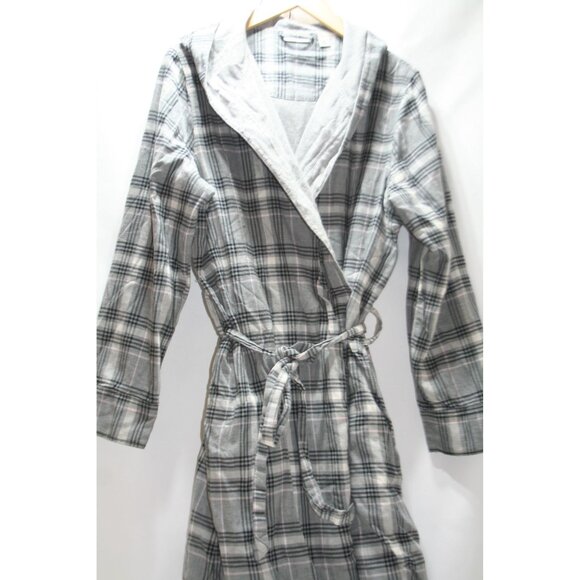 LL Bean Other - L.L. Bean Flannel/Jersey Knit Hooded Robe Gray & Pink Plaid Womens L Soft Cozy
